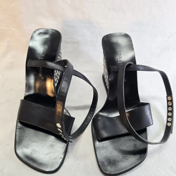 90s Vintage DOLCE & GABANNA Women's 40 Black Studded Wedge Square Toe Sandals